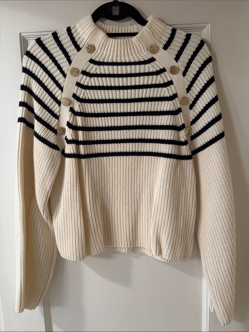 H&M Cream & Black Striped Crewneck Sweater with Gold Buttons